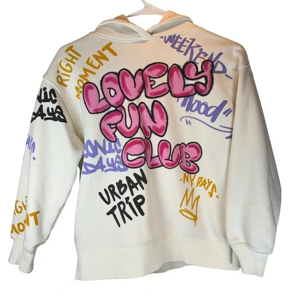 ZARA Size 9 Oversized Cream Hoodie Lovely Fun Club Urban Trip Unisex Kidcore - Picture 2 of 8